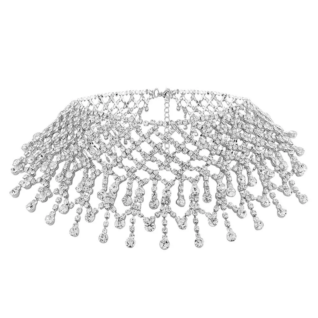 Rhinestone Chain Fringe Statement Choker Necklace - Silver