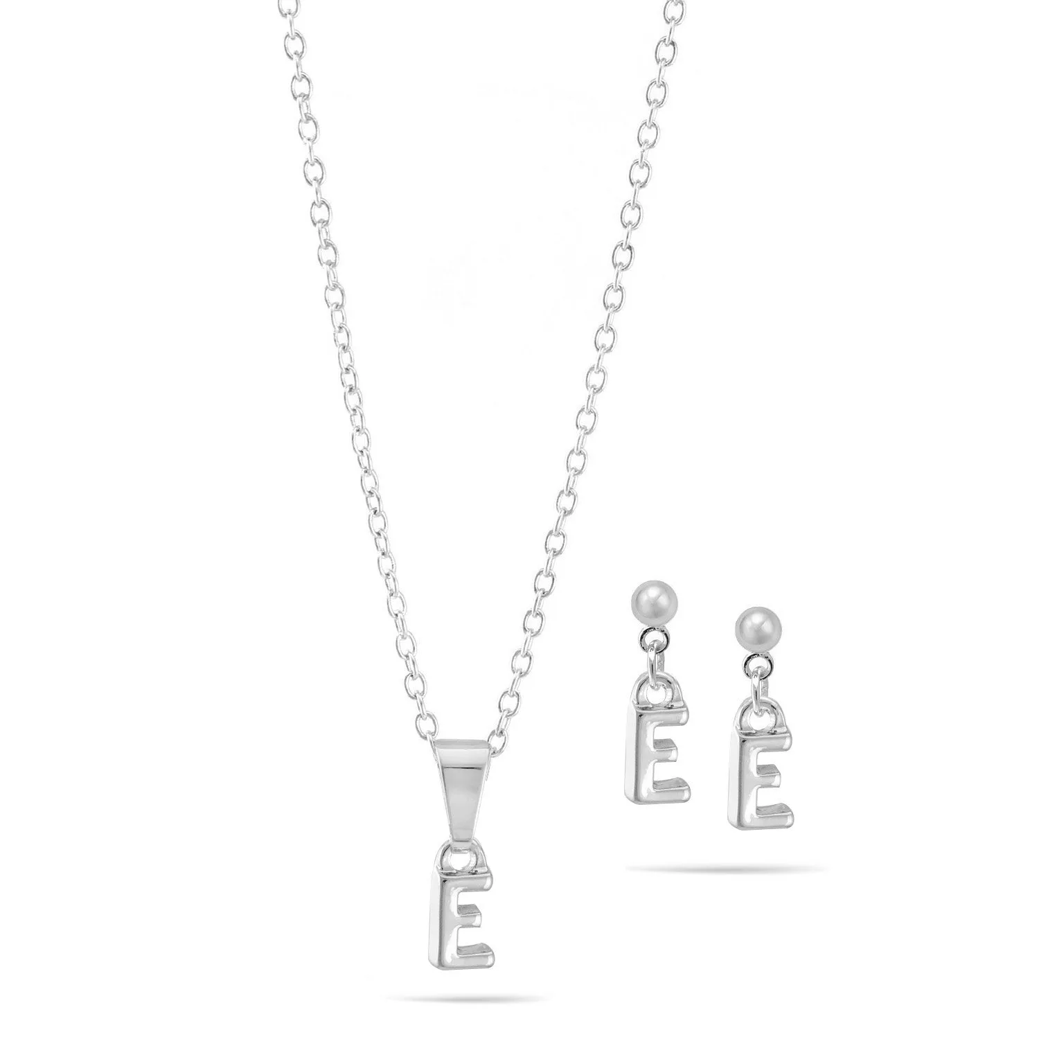 RHODIUM "E" SMALL PENDANT SHORT NECKLACE AND EARRINGS SET #SWKK-11768ERHO (IH7)