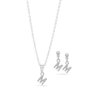 RHODIUM "M" SMALL PENDANT SHORT NECKLACE AND EARRINGS SET #SWKK-11768MRHO (TB9)