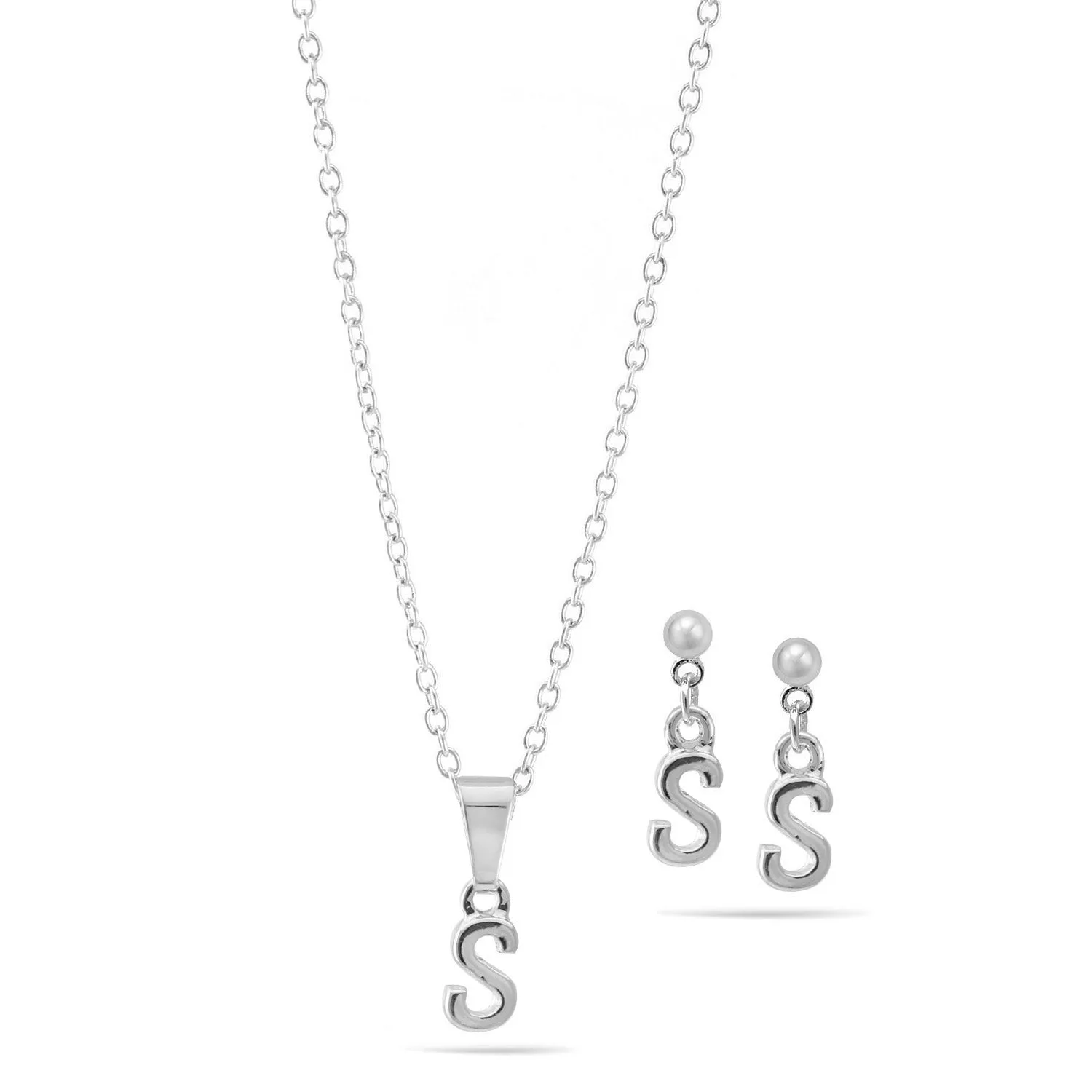 RHODIUM "S" SMALL PENDANT SHORT NECKLACE AND EARRINGS SET #SWKK-11768SRHO (IH1)