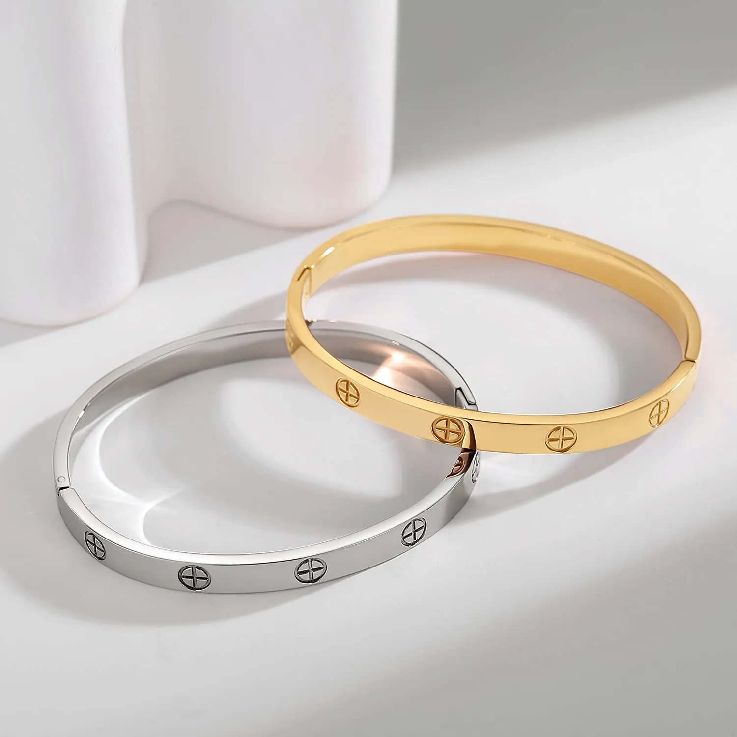 RIMRIVA Gold Bracelets for Women Trendy Cross Love Bangle Stack Stainless Steel Jewelry Anniversary Graduation Her Birthday Wedding Christmas Gifts for Women Wife Mom Friend Stocking Stuffers