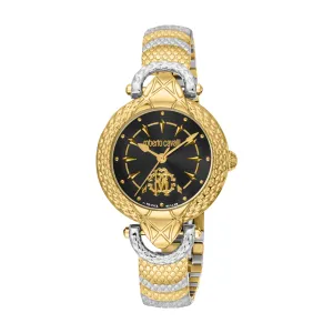 Roberto Cavalli Ladies Watch - Two Tone Silver & Gold Case, Black Dial, Two Tone Silver & Gold Metal Bracelet