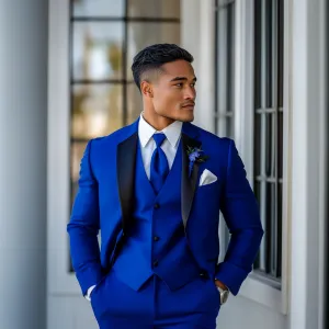 Royal Blue Slim-Fit Tuxedo – Black Notch Lapel & Trim 3-Piece Suit for Timeless Elegance