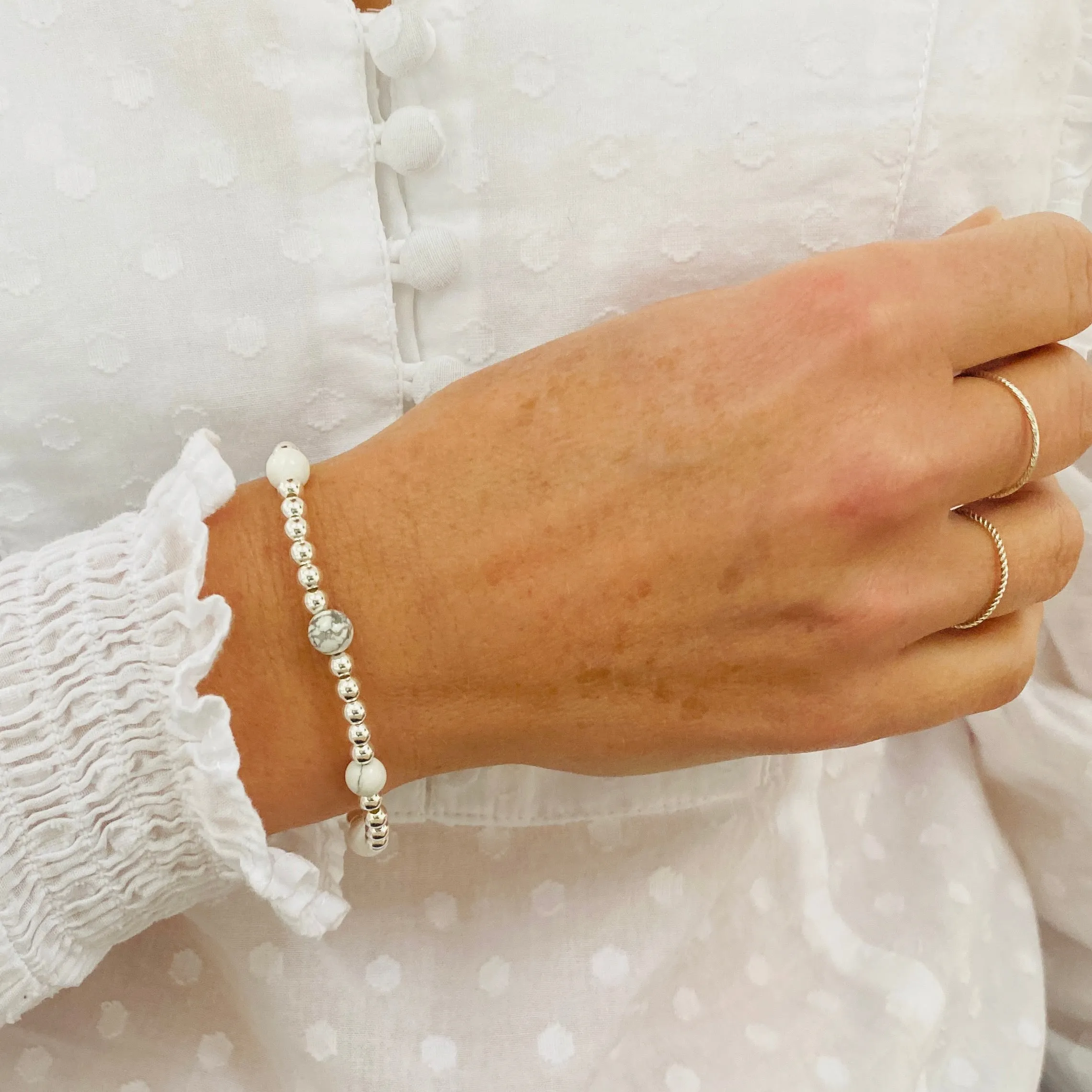 Silver Bead and Howlite Gemstone Bracelet