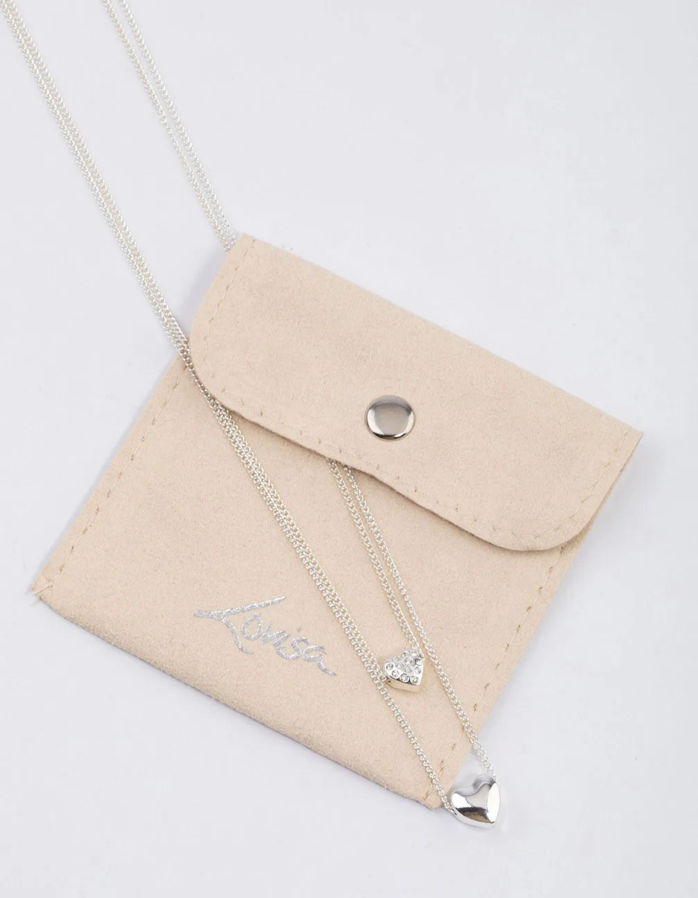 Silver Double Diamante Heart Necklace & Polishing Set