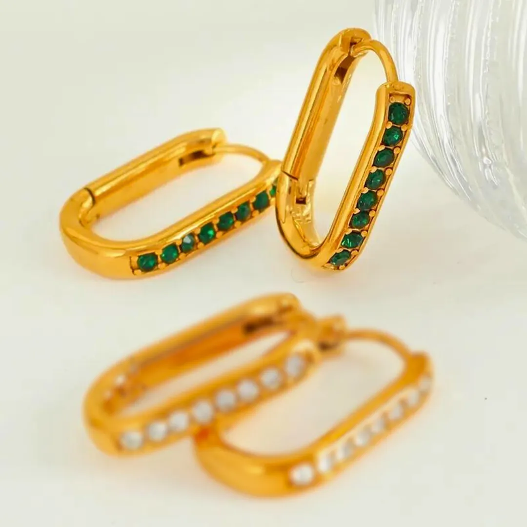Simple Green Style Geometric Inlay Titanium Steel Zircon 18K Gold Plated Earrings