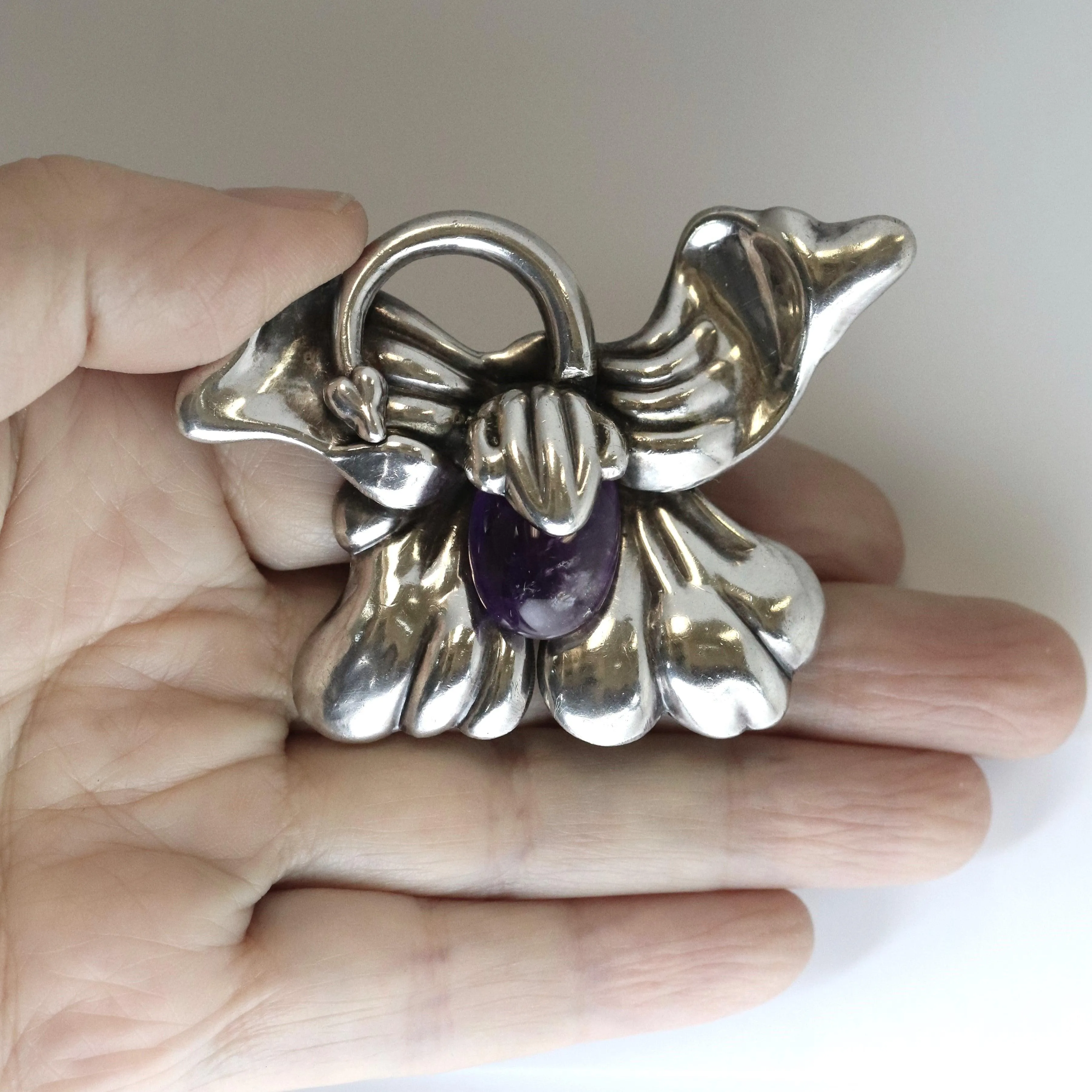SOLD OUT: Vintage Los Castillo Taxco Silver Mexican Jewelry | Mid Century Orchid Amethyst Brooch
