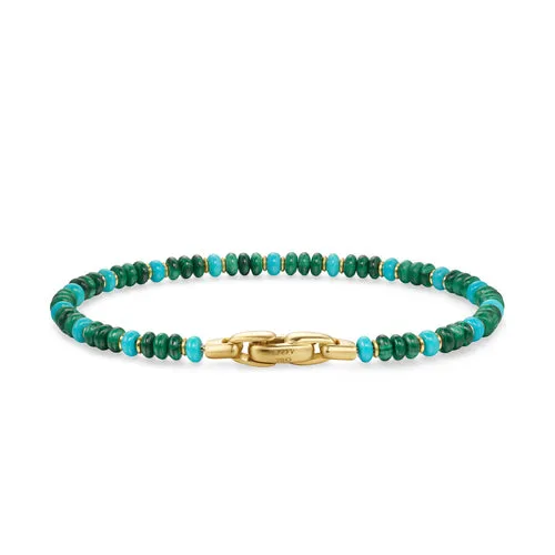 Spiritual Beads Bracelet in 18K Yellow Gold with Malachite and Turquoise, Size Medium