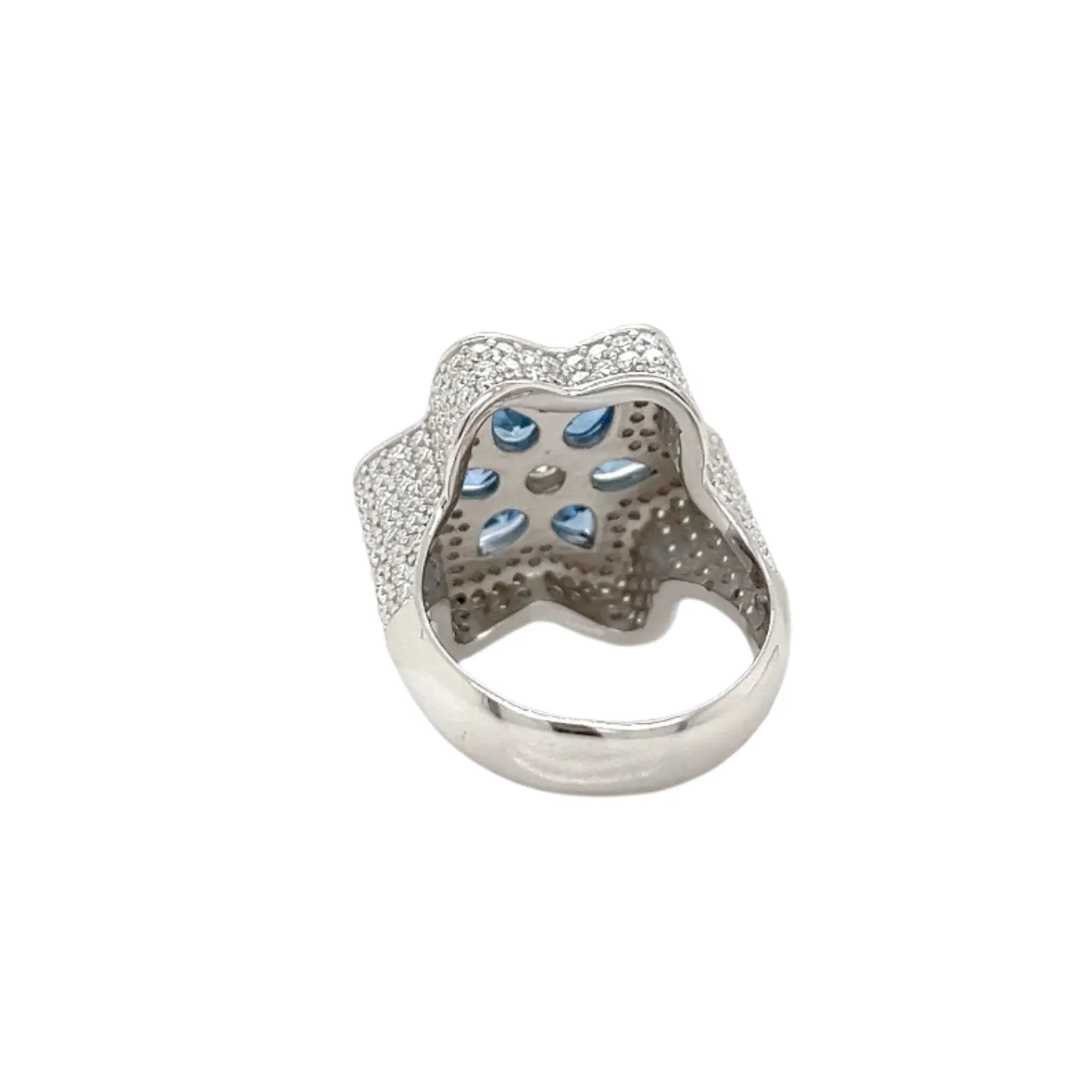 Starlit Blossom Lab-Created Round Moissanite and Blue Pear Zirconia Floral Ring Silver 925 - M103069