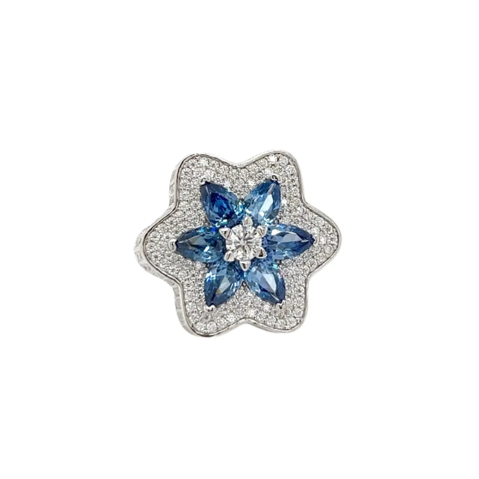Starlit Blossom Lab-Created Round Moissanite and Blue Pear Zirconia Floral Ring Silver 925 - M103069