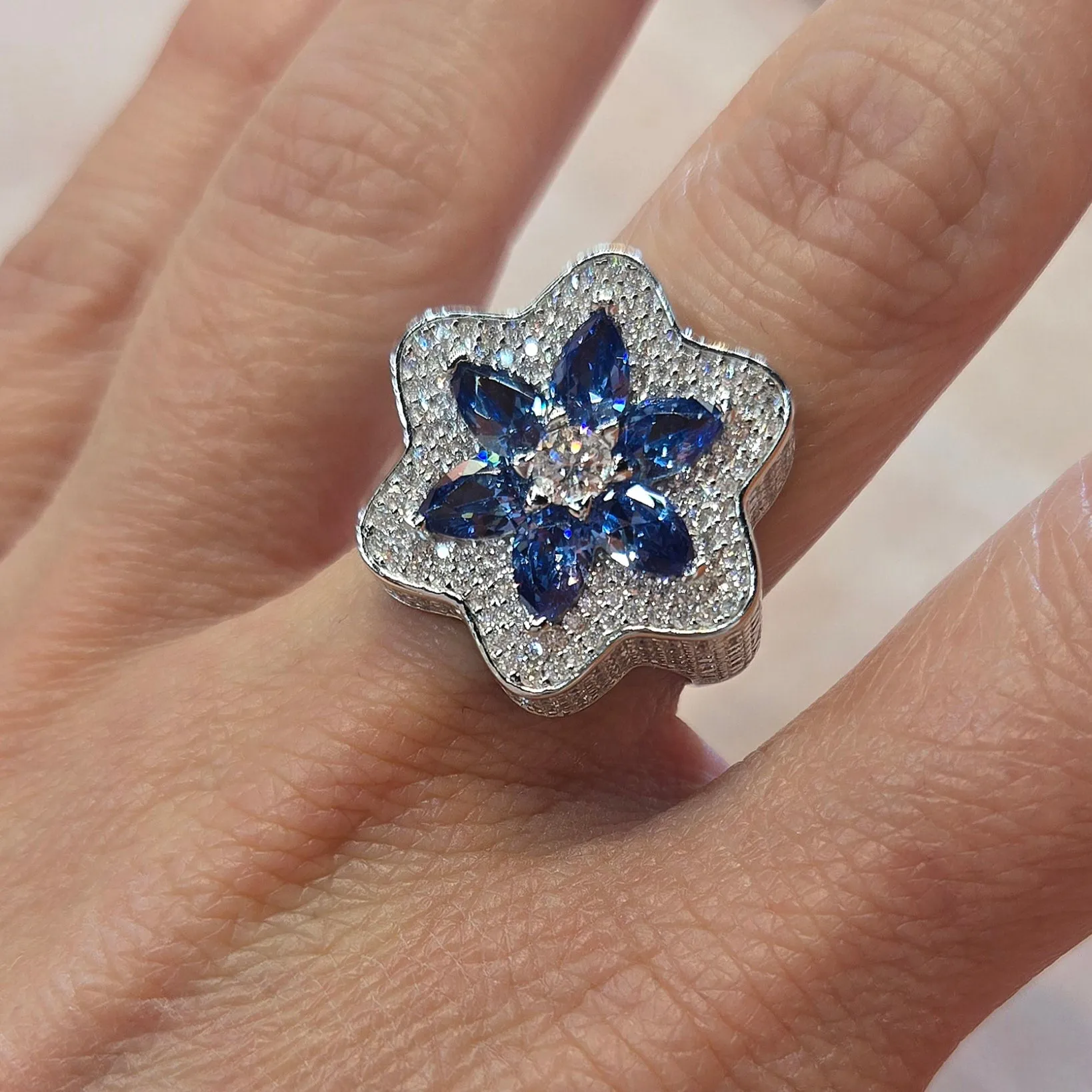 Starlit Blossom Lab-Created Round Moissanite and Blue Pear Zirconia Floral Ring Silver 925 - M103069