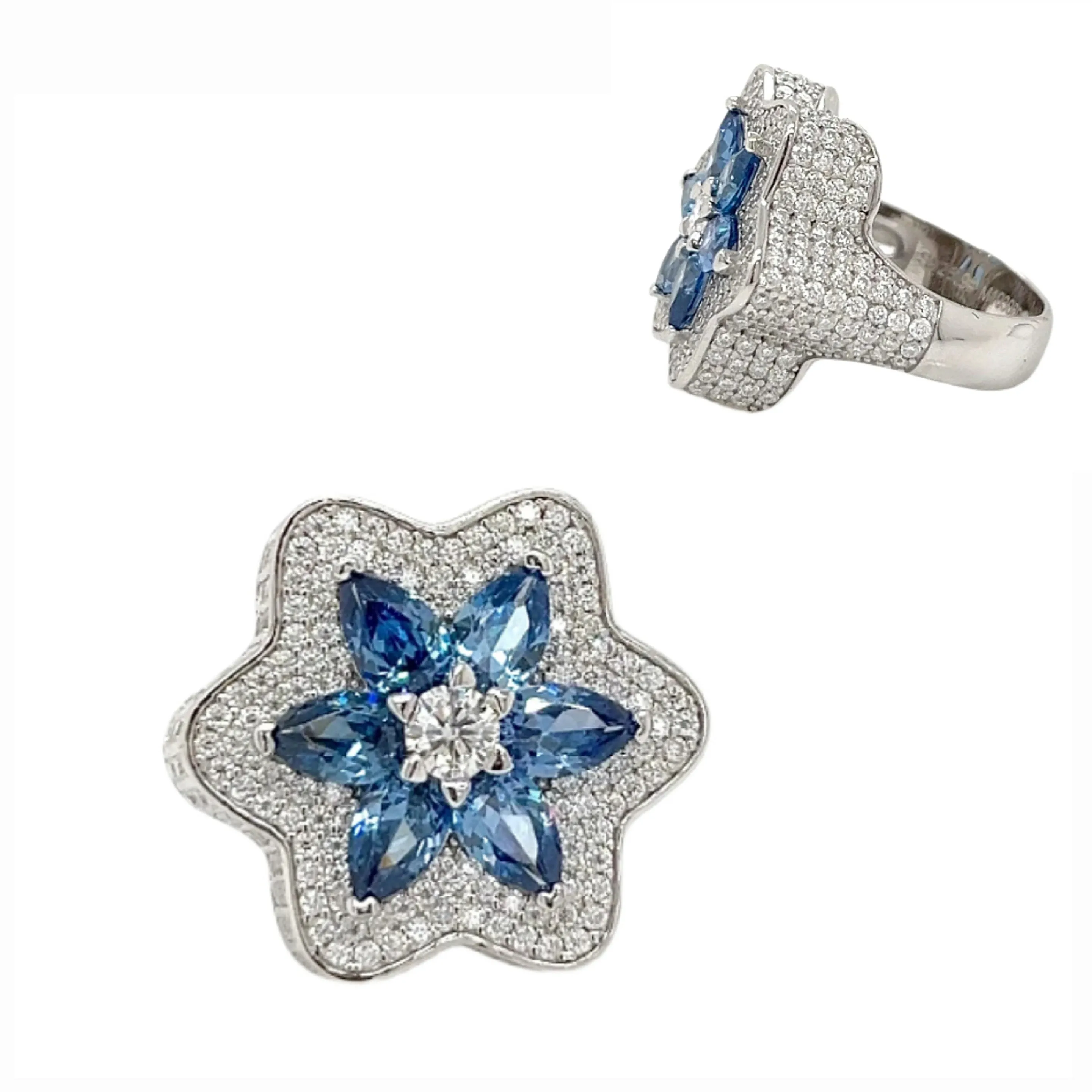 Starlit Blossom Lab-Created Round Moissanite and Blue Pear Zirconia Floral Ring Silver 925 - M103069