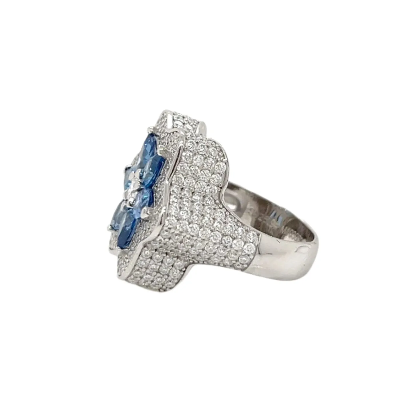 Starlit Blossom Lab-Created Round Moissanite and Blue Pear Zirconia Floral Ring Silver 925 - M103069