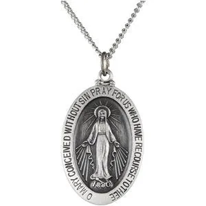 Sterling Silver 29x20 mm Oval Miraculous Medal 24" Necklace