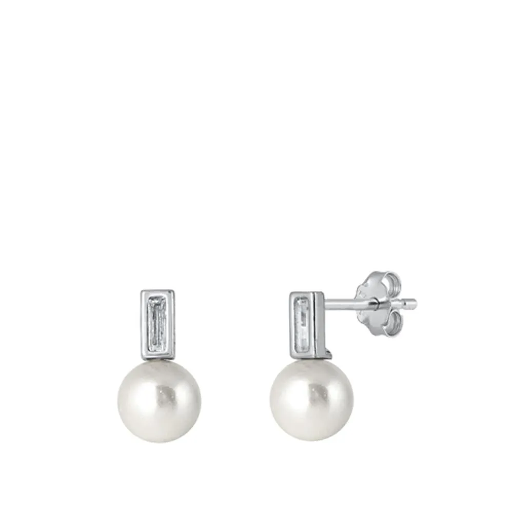 Sterling Silver Beautiful Clear CZ Freshwater Pearl High Polished Earrings 925