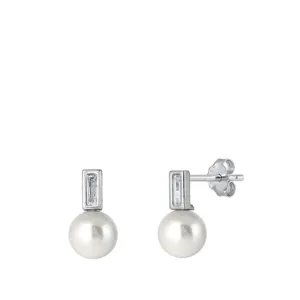 Sterling Silver Beautiful Clear CZ Freshwater Pearl High Polished Earrings 925