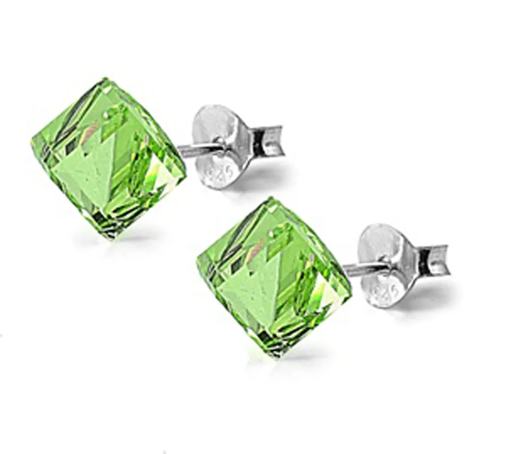 Sterling Silver Cube Elegant Classic Minimalist Modern Earrings Peridot CZ 925