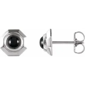 Sterling Silver Natural Black Onyx Geometric Cabochon Earrings