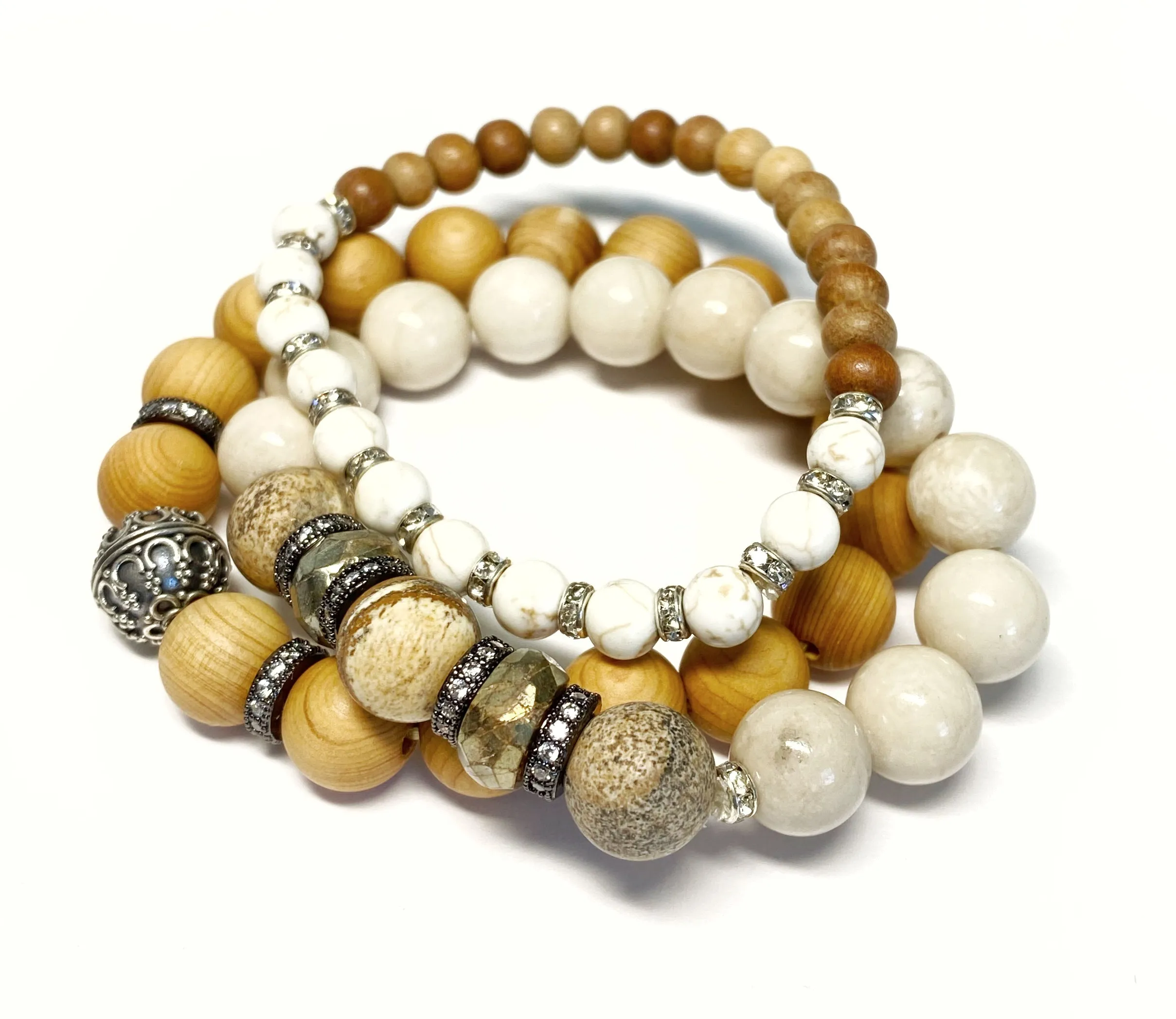Sterling Silver Stretch Stacking Bracelet Set of 3 Sandalwood Neutrals