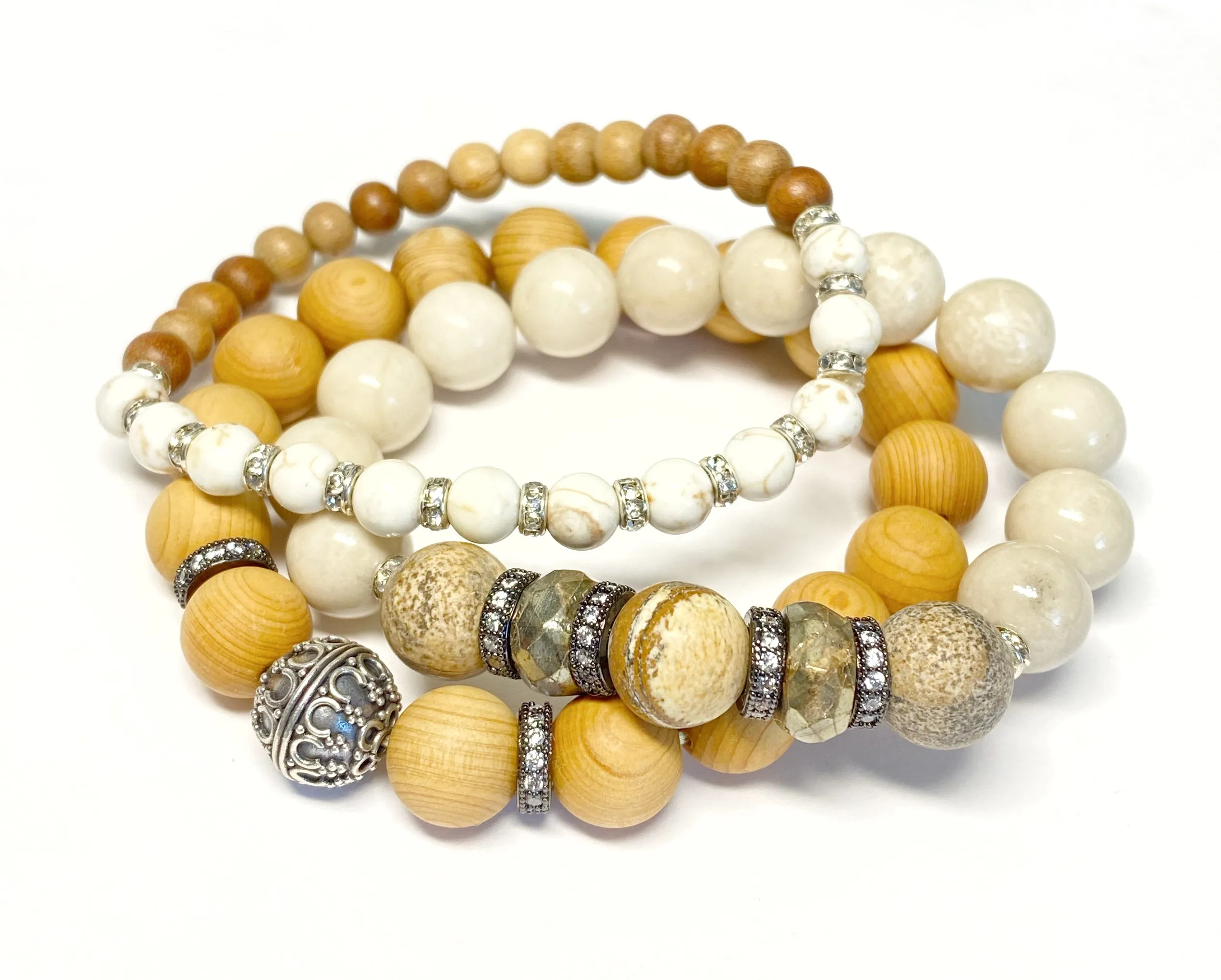 Sterling Silver Stretch Stacking Bracelet Set of 3 Sandalwood Neutrals