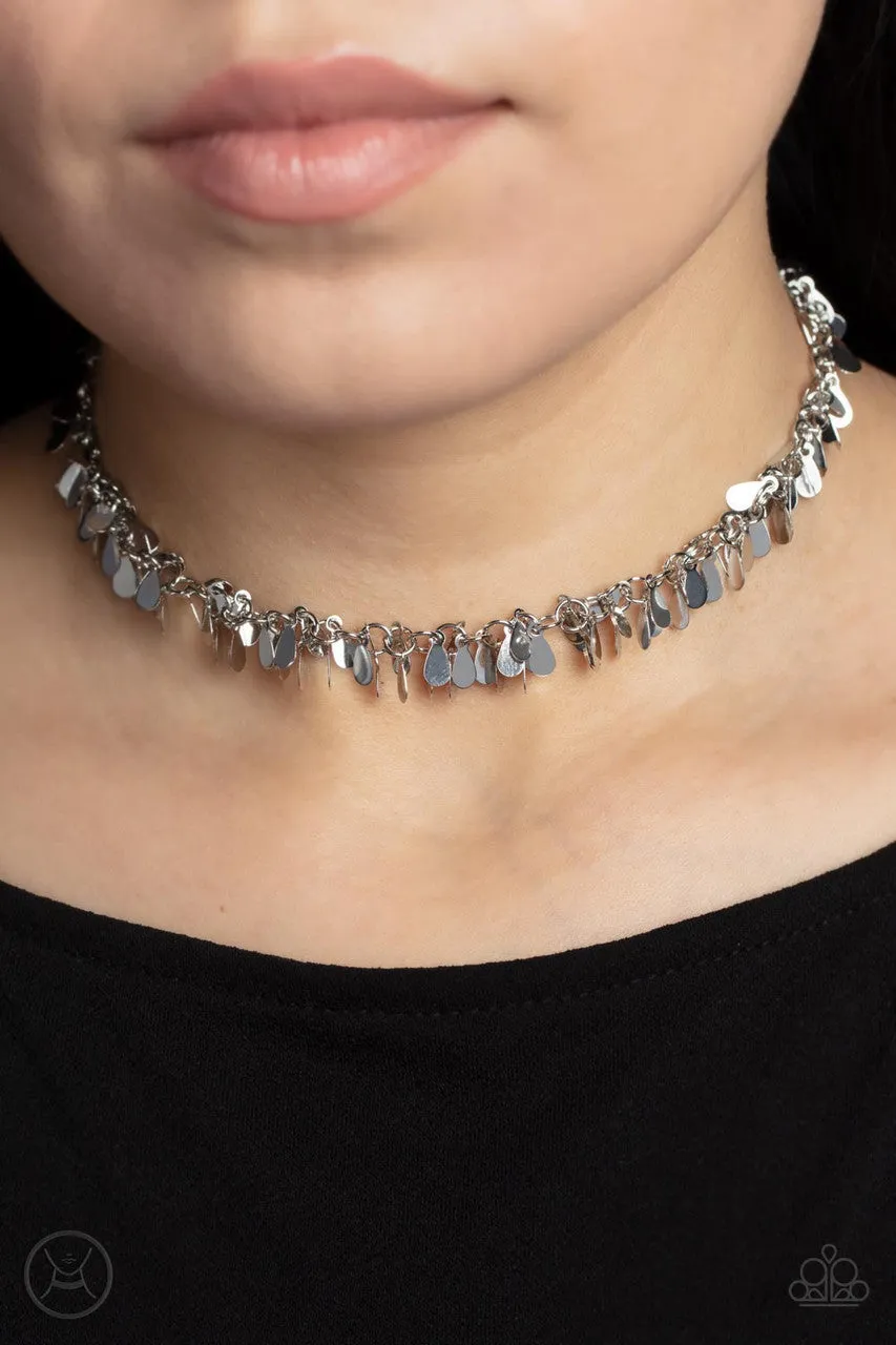 Surreal Shimmer - Silver - Teardrop Cluster Paparazzi Choker Necklace