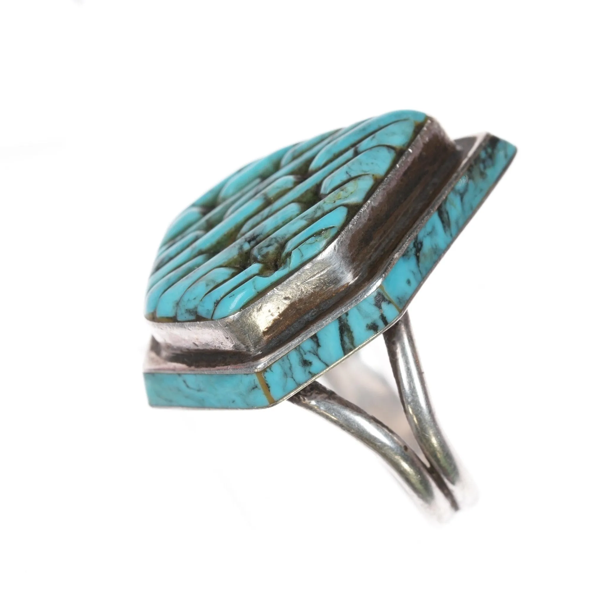 sz9.5 Vintage Native American sterling cobblestone turquoise inlaid ring