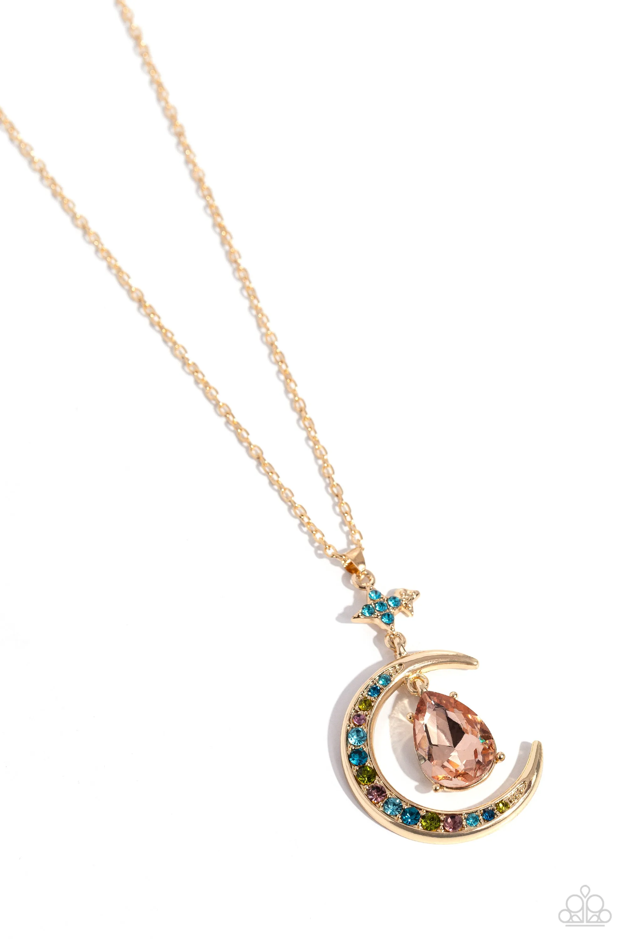Talking to the Moon - Multi - Colored Rhinestone Gold Moon and Star Paparazzi Short Necklace