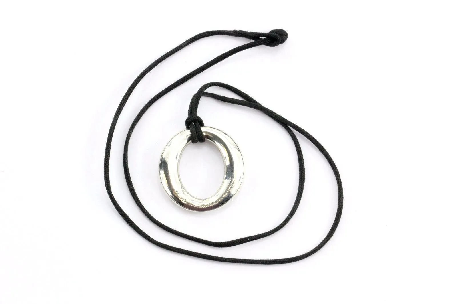 Tiffany & Co Sterling Silver Elsa Peretti Sevillana O Pendant Silk Cord Necklace