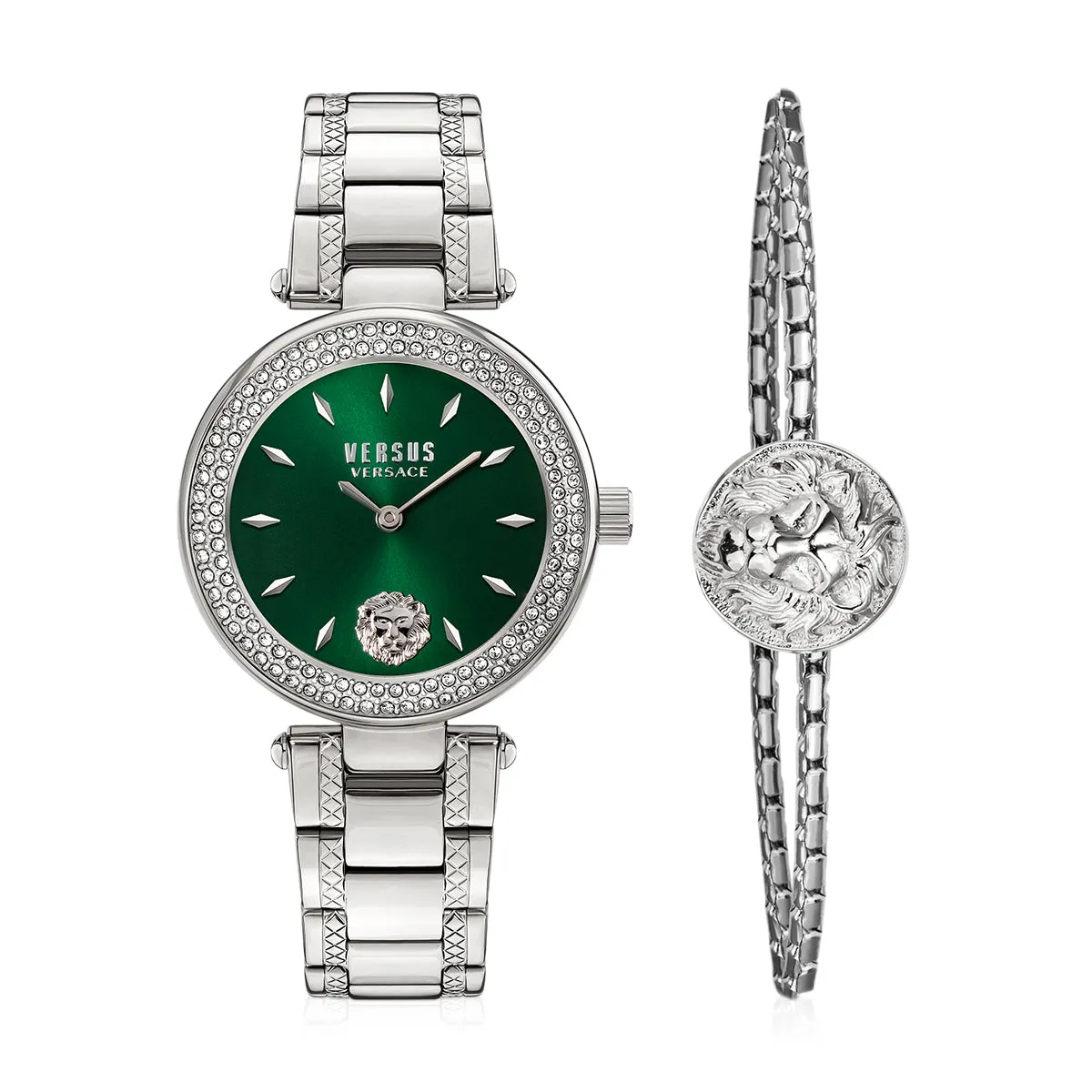 Versus Versace Brick Lane Ladies Green Dial Watch   Stainless Steel Bracelet Box Set