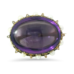 Victorian 14k Yellow Gold Amethyst, Pearl, and Diamond Brooch
