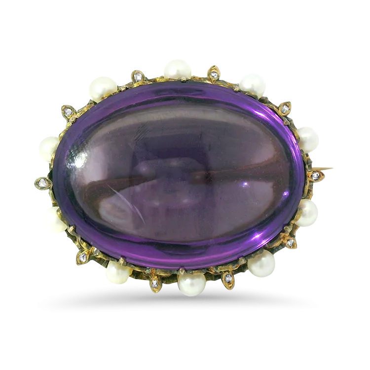Victorian 14k Yellow Gold Amethyst, Pearl, and Diamond Brooch