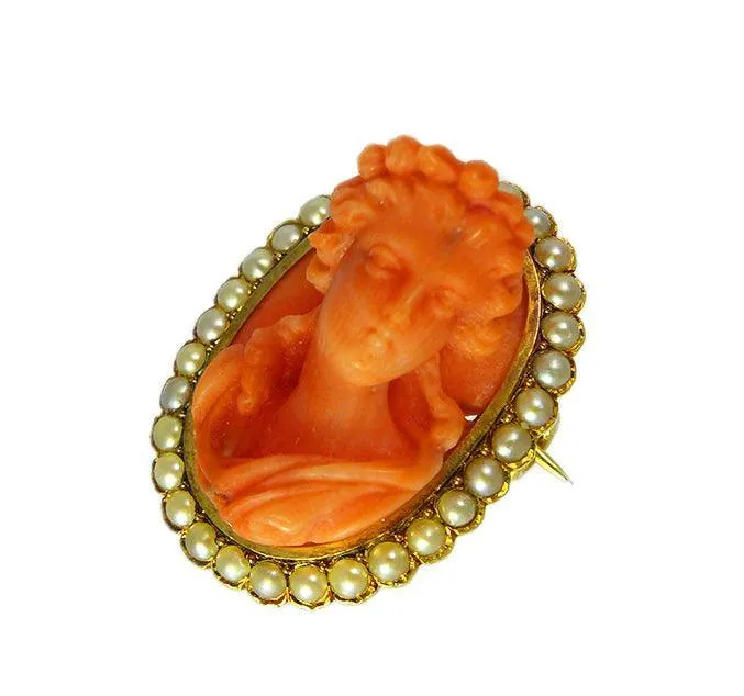 Victorian Coral & Seed Pearl Cameo Brooch