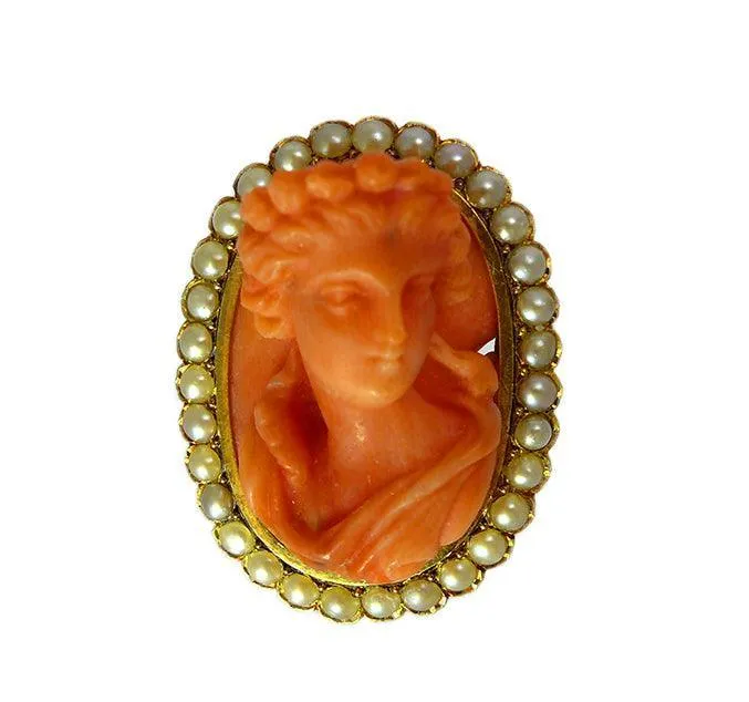 Victorian Coral & Seed Pearl Cameo Brooch