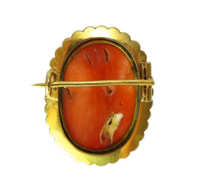 Victorian Coral & Seed Pearl Cameo Brooch