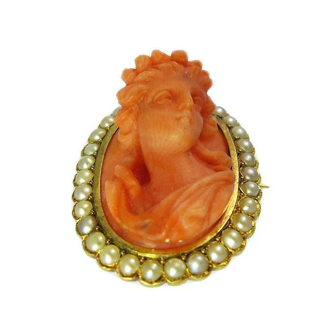 Victorian Coral & Seed Pearl Cameo Brooch