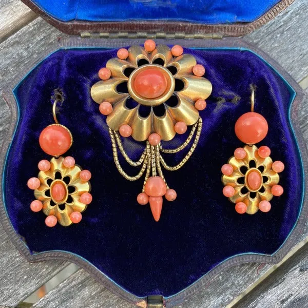 Victorian Coral Earring & Pin Set