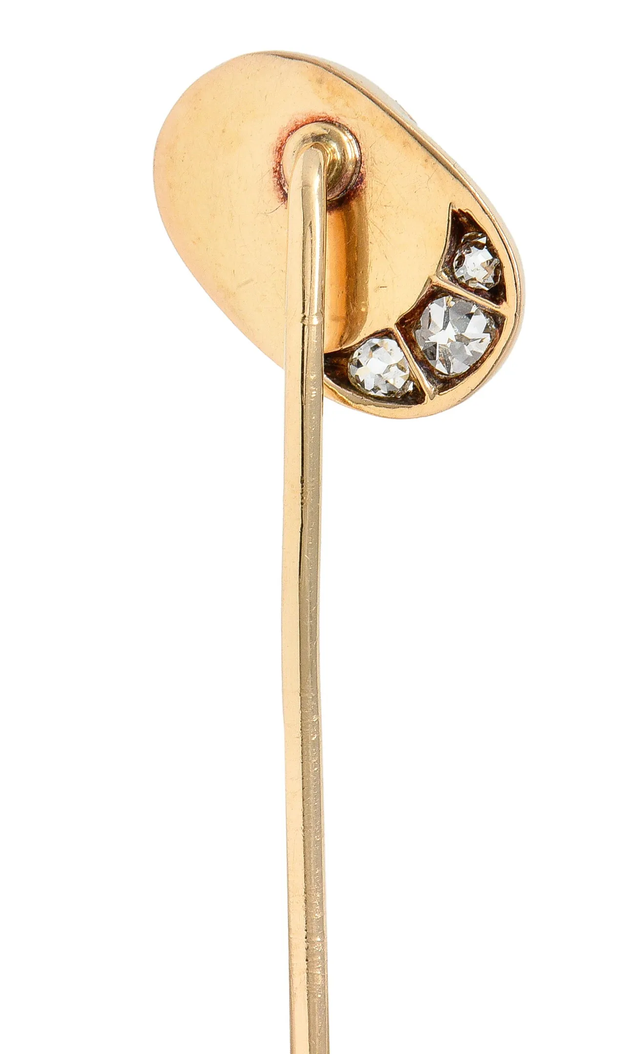 Victorian Diamond Moonstone Cabochon 14 Karat Yellow Gold Crescent Jockey Hat Antique Stickpin