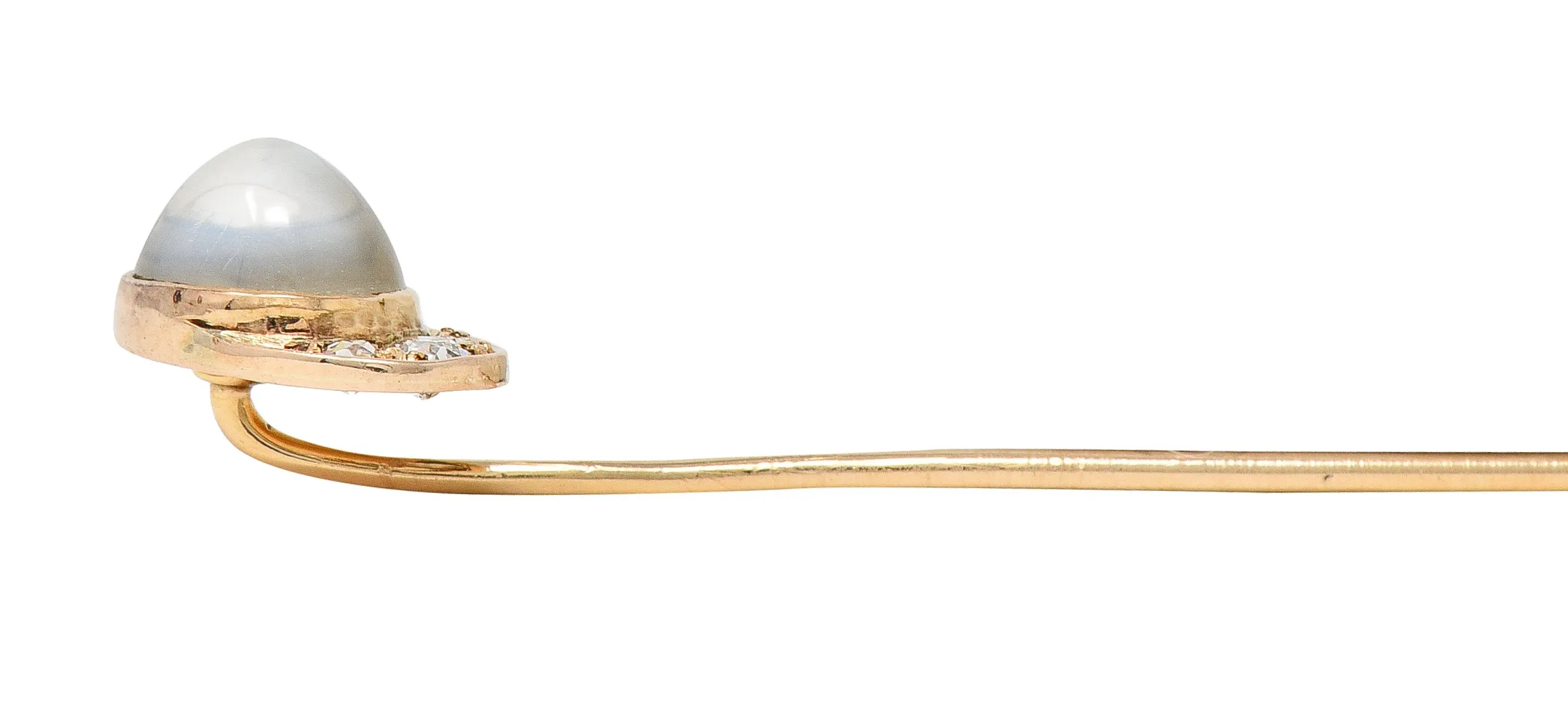Victorian Diamond Moonstone Cabochon 14 Karat Yellow Gold Crescent Jockey Hat Antique Stickpin
