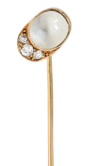 Victorian Diamond Moonstone Cabochon 14 Karat Yellow Gold Crescent Jockey Hat Antique Stickpin