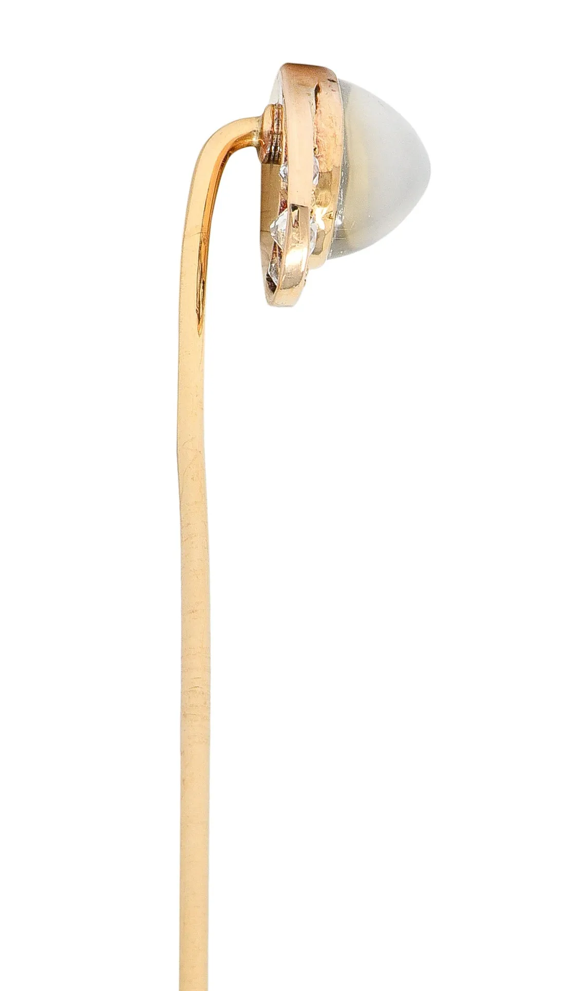 Victorian Diamond Moonstone Cabochon 14 Karat Yellow Gold Crescent Jockey Hat Antique Stickpin