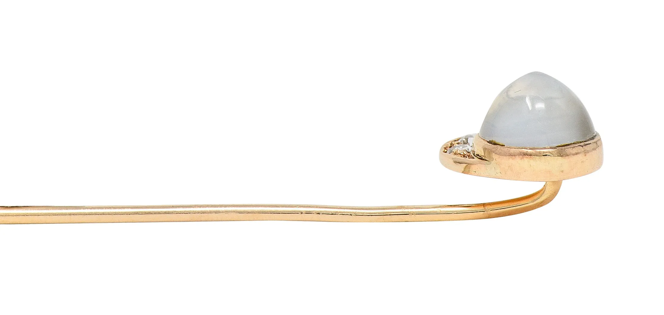 Victorian Diamond Moonstone Cabochon 14 Karat Yellow Gold Crescent Jockey Hat Antique Stickpin