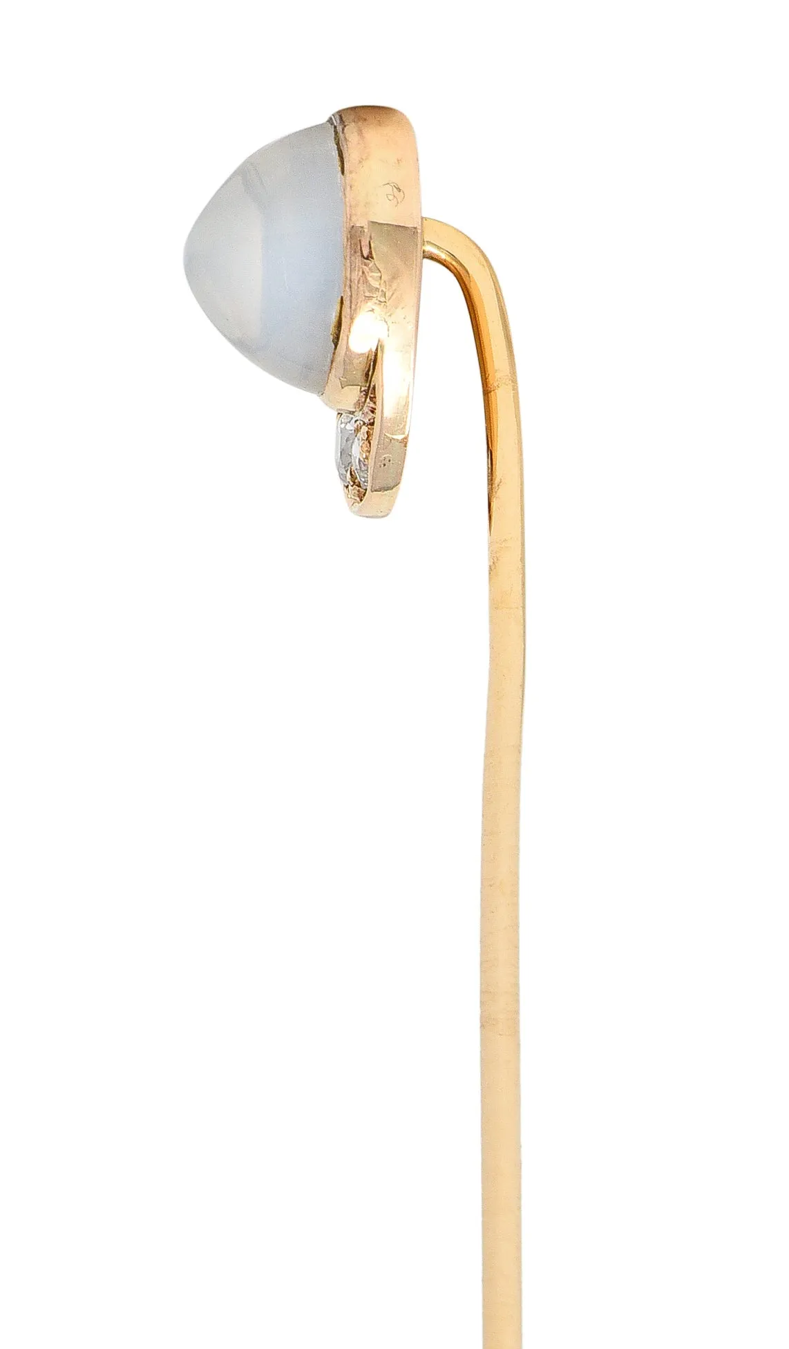 Victorian Diamond Moonstone Cabochon 14 Karat Yellow Gold Crescent Jockey Hat Antique Stickpin