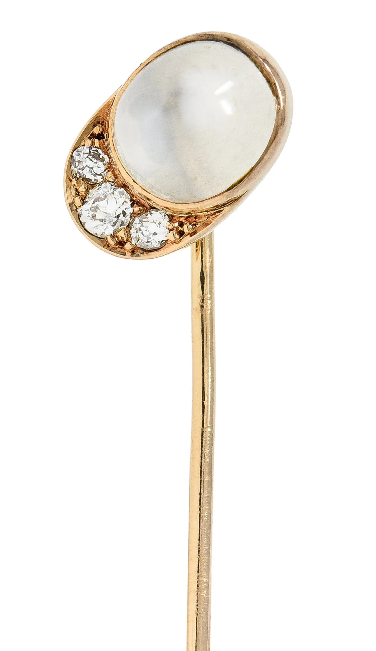 Victorian Diamond Moonstone Cabochon 14 Karat Yellow Gold Crescent Jockey Hat Antique Stickpin