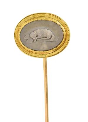 Victorian Etruscan Revival Agate 18 Karat Yellow Gold Lamb Animal Antique Cameo Stickpin