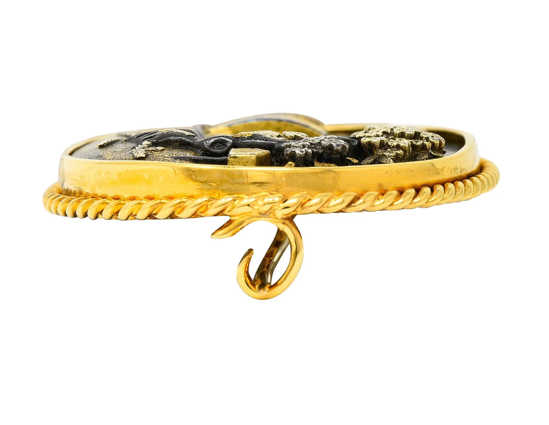 Victorian Japanese 18 Karat Yellow Gold Shibuichi Copper Silver Shakudo Antique Brooch