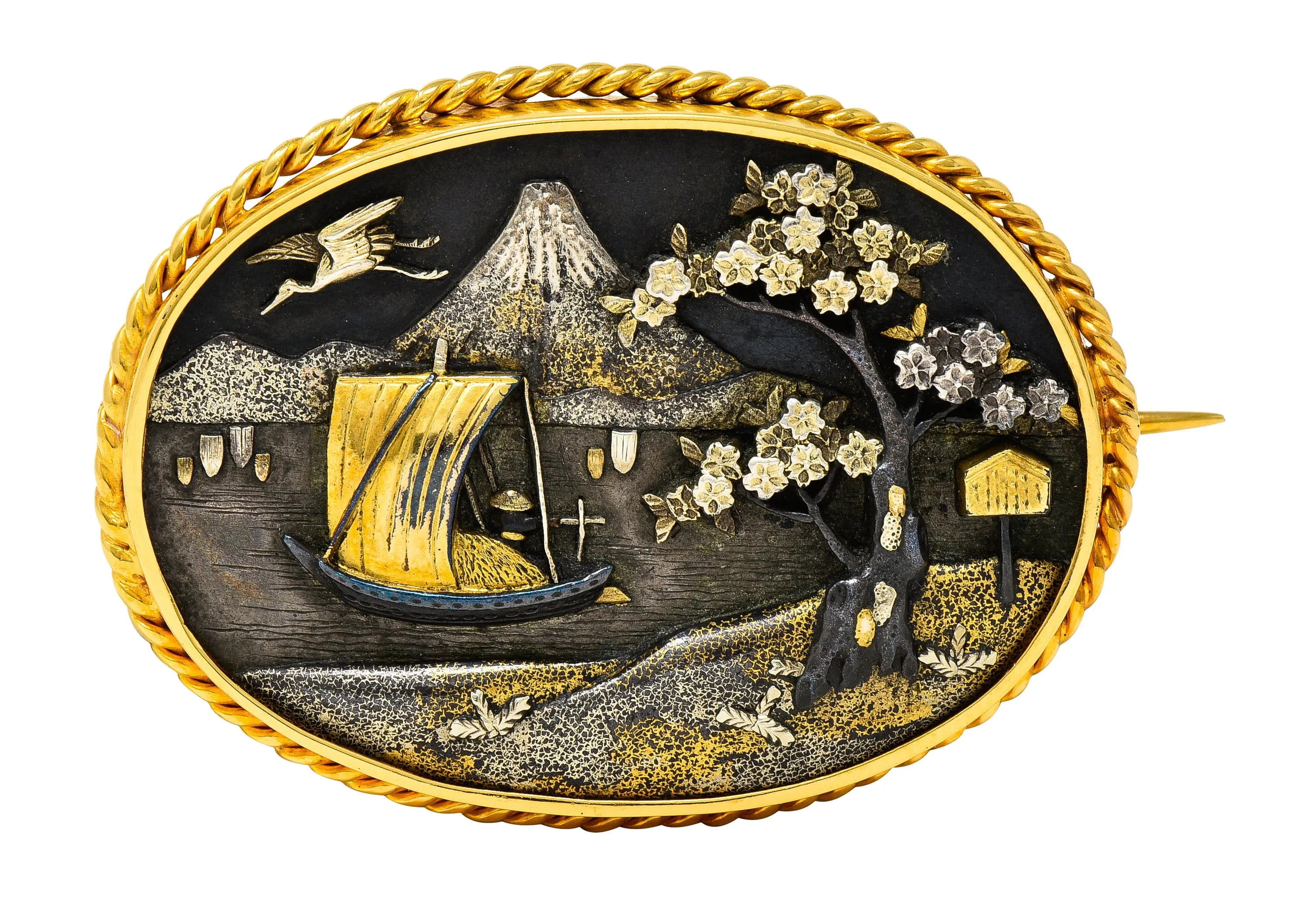Victorian Japanese 18 Karat Yellow Gold Shibuichi Copper Silver Shakudo Antique Brooch