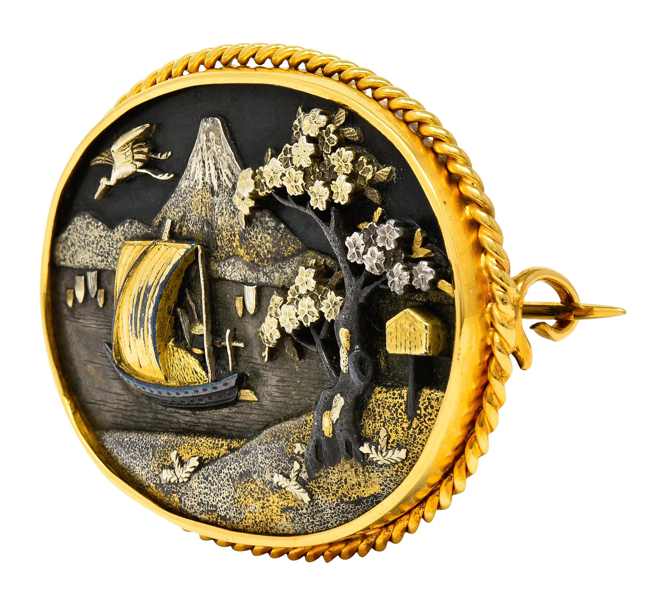 Victorian Japanese 18 Karat Yellow Gold Shibuichi Copper Silver Shakudo Antique Brooch