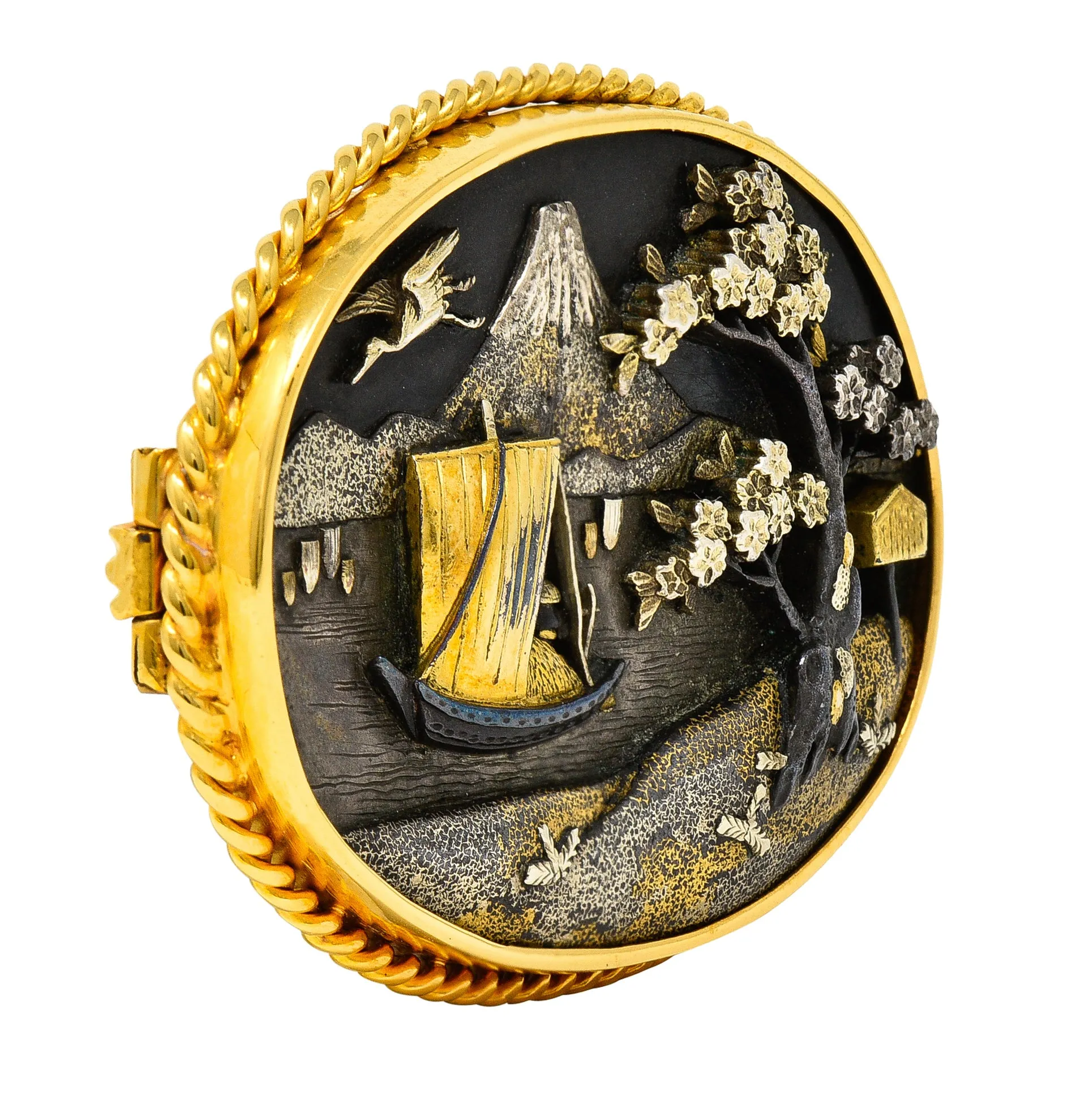 Victorian Japanese 18 Karat Yellow Gold Shibuichi Copper Silver Shakudo Antique Brooch