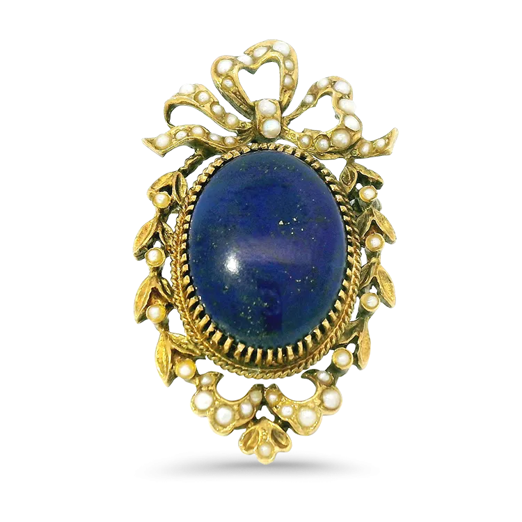Vintage 14k Yellow Gold Lapis and Seed Pearl Brooch