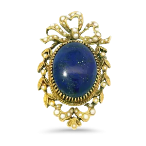 Vintage 14k Yellow Gold Lapis and Seed Pearl Brooch